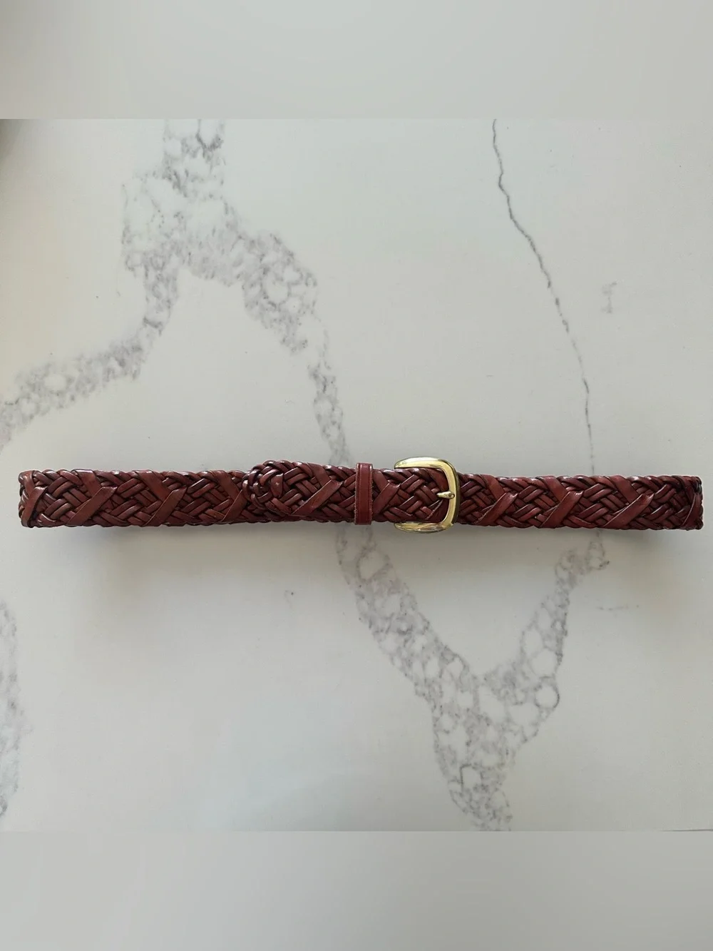 Vintage Talbots Braided Leather Belt Solid Brass Square Buckle Warm Brown Large